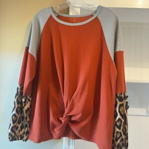 Orange Tie Front Top with Gray/cheetah Sleeves